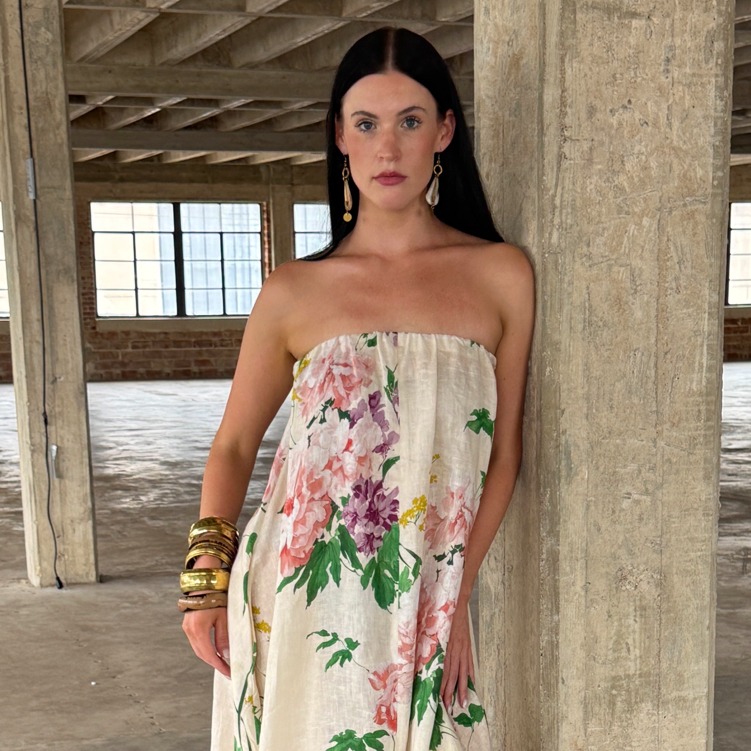 Black or Antique White Floral Linen Strapless Maxi