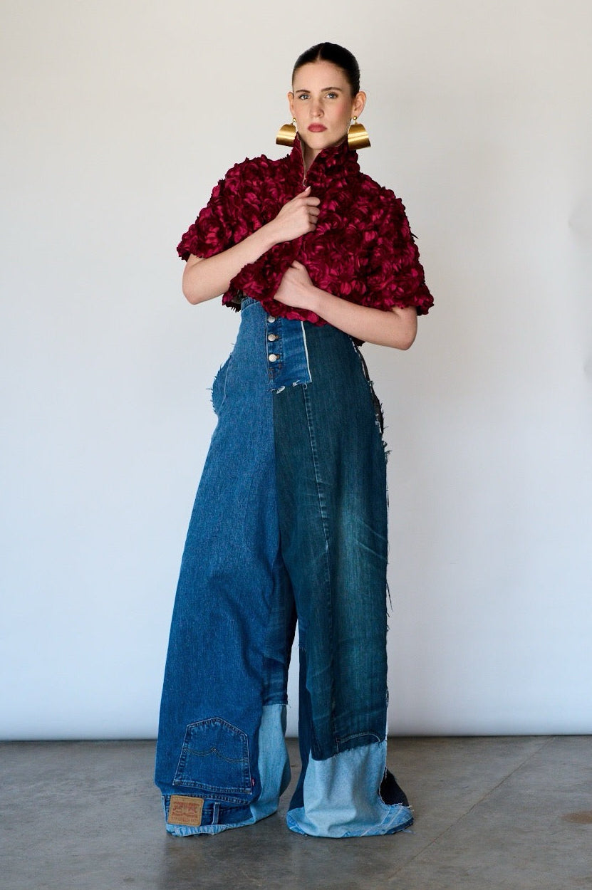 Patchwork High Waist Wide Leg Denim Jeans