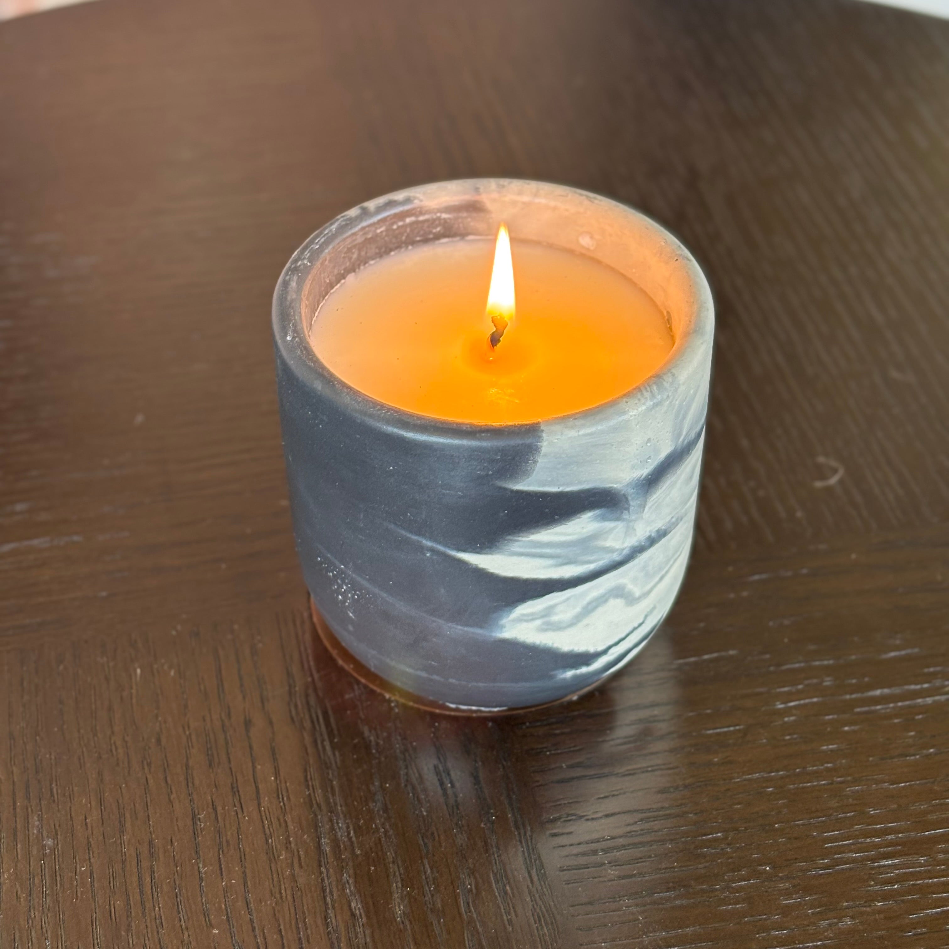 Amber Iris Candle in Handcrafted Black & White Marble Cement Vessel