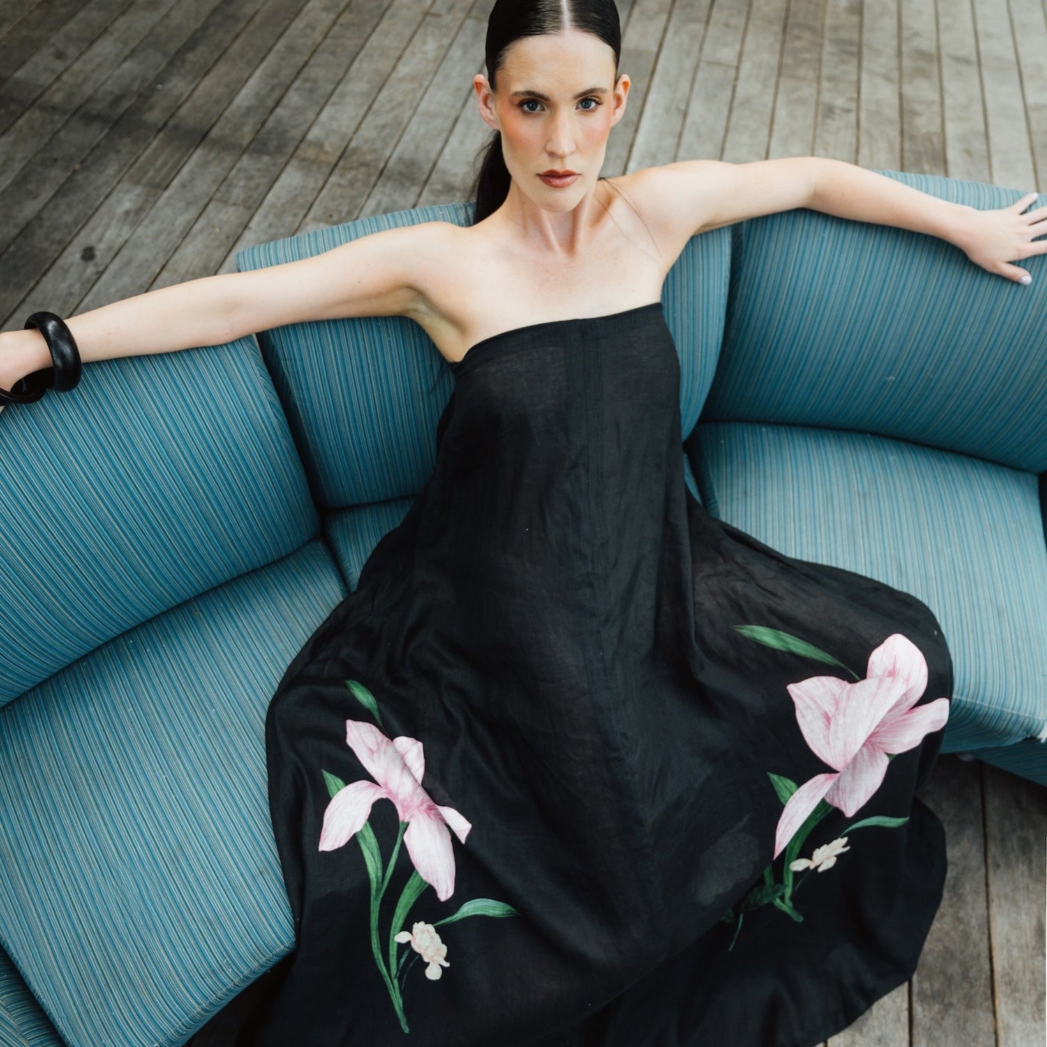 Black Floral Linen Strapless Maxi