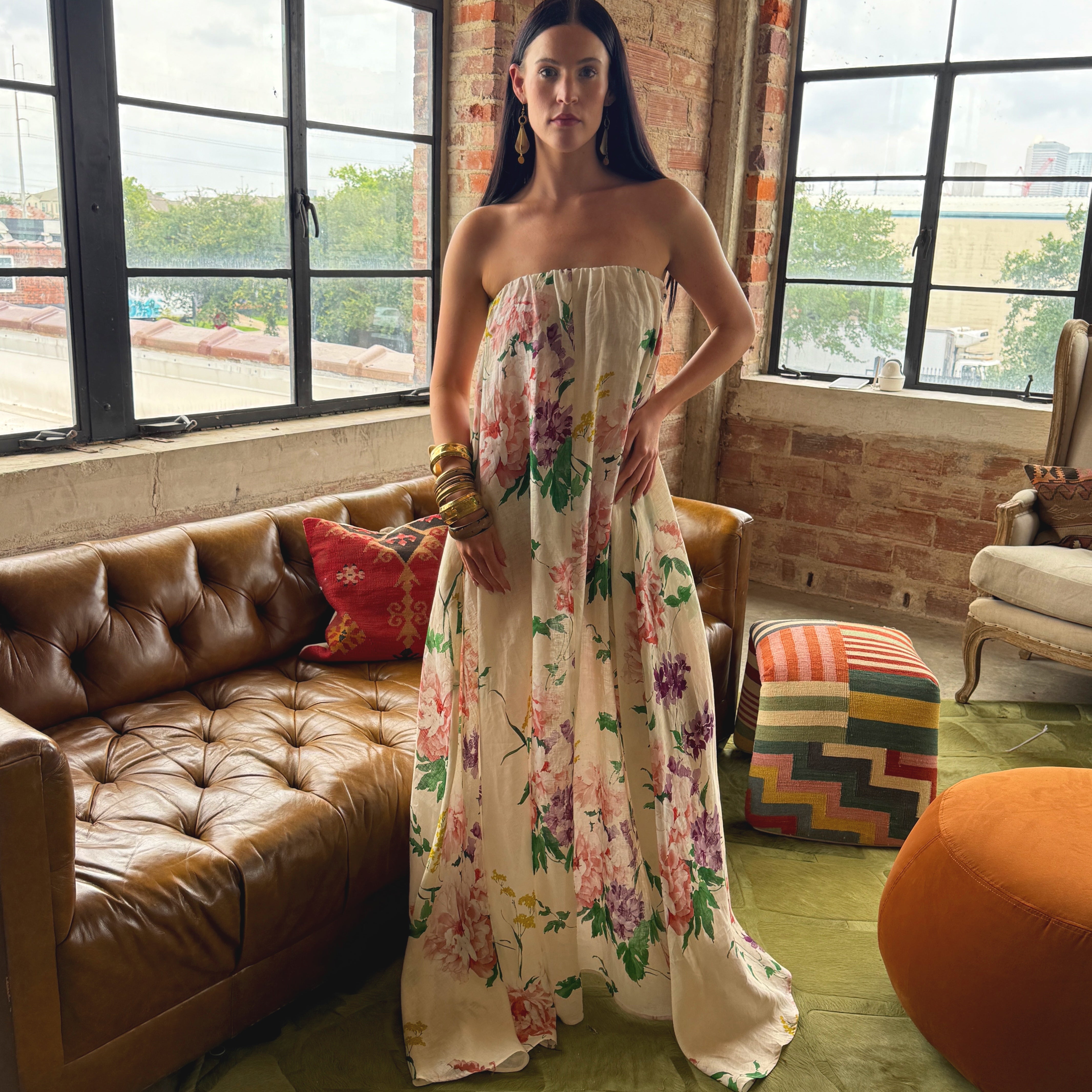 Black or Antique White Floral Linen Strapless Maxi