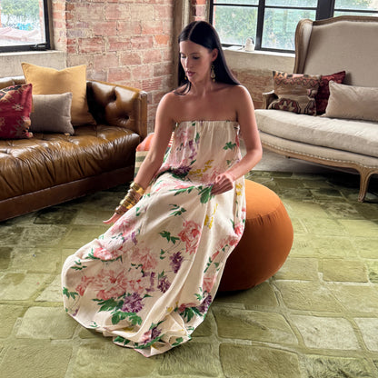 Black or Antique White Floral Linen Strapless Maxi