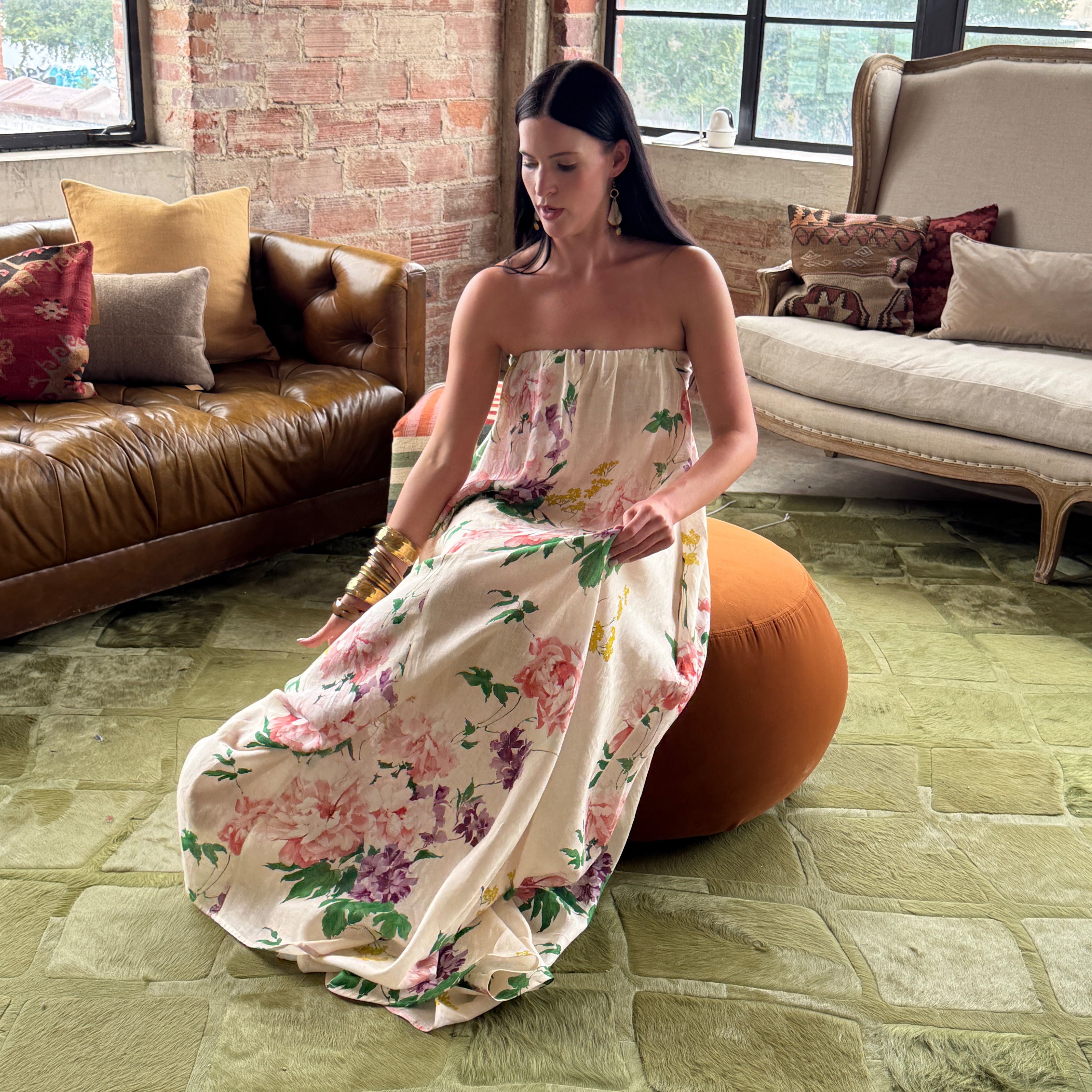 Black or Antique White Floral Linen Strapless Maxi