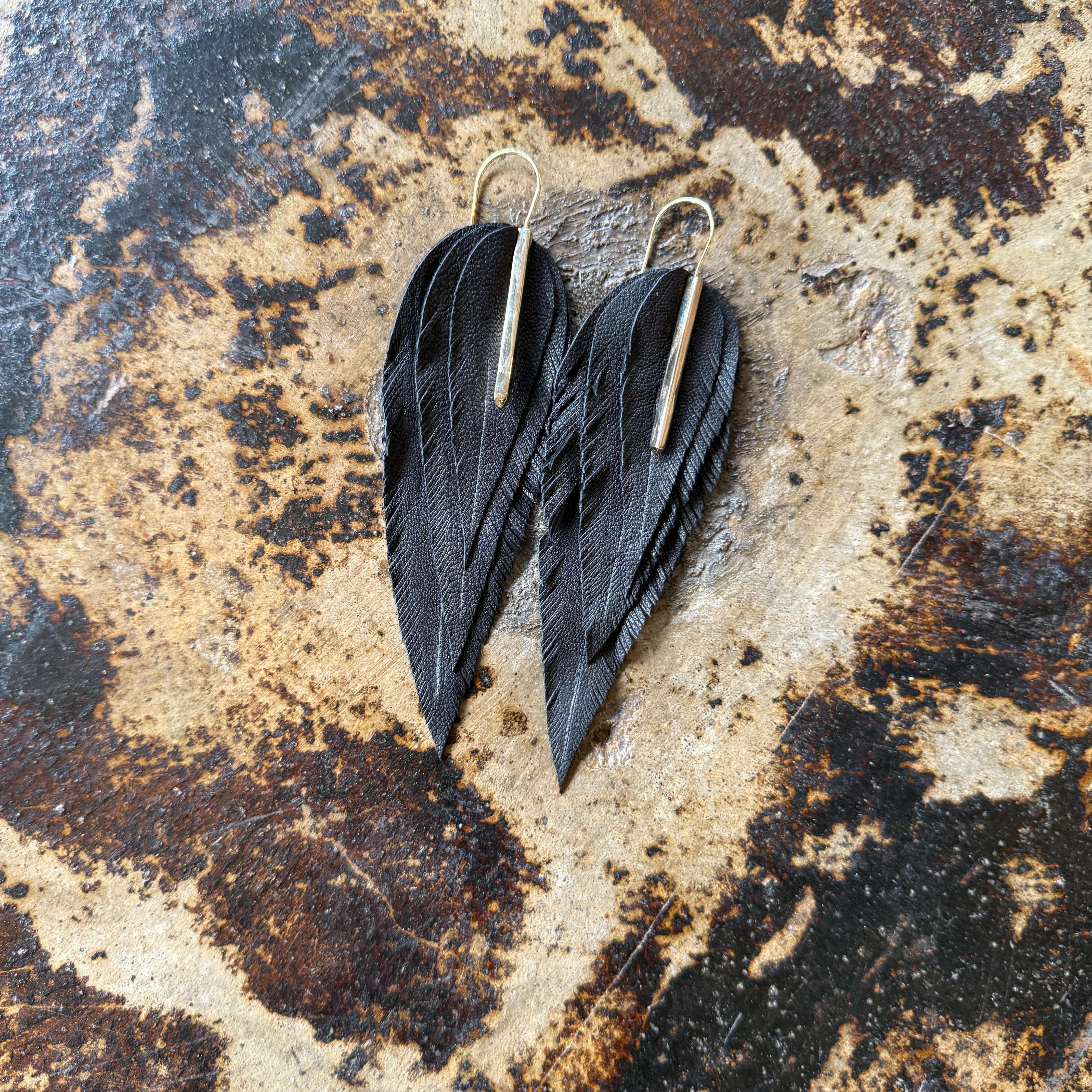 Brass + Leather Feather Earrings