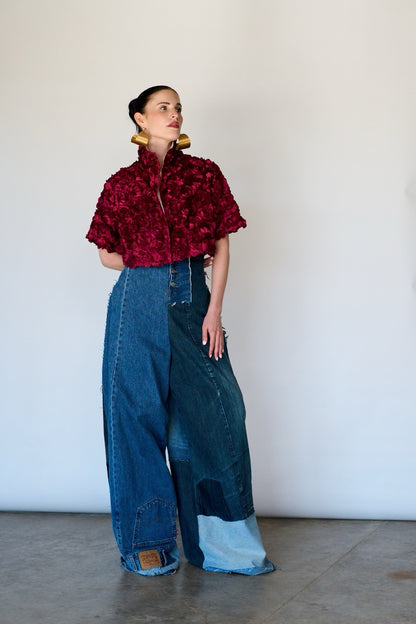 Patchwork High Waist Wide Leg  Denim Jeans