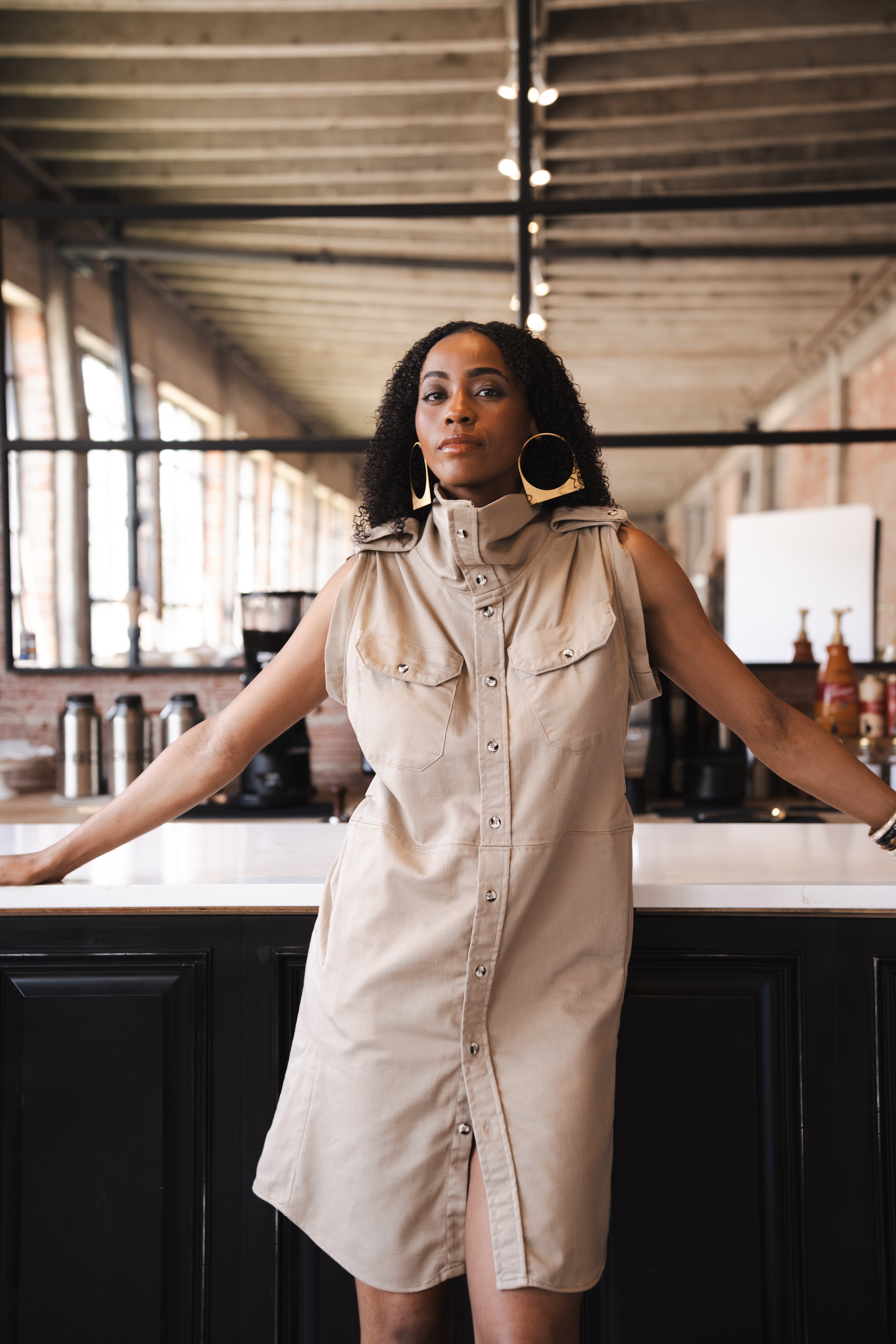 Twill High-Neck Epaulette Dress