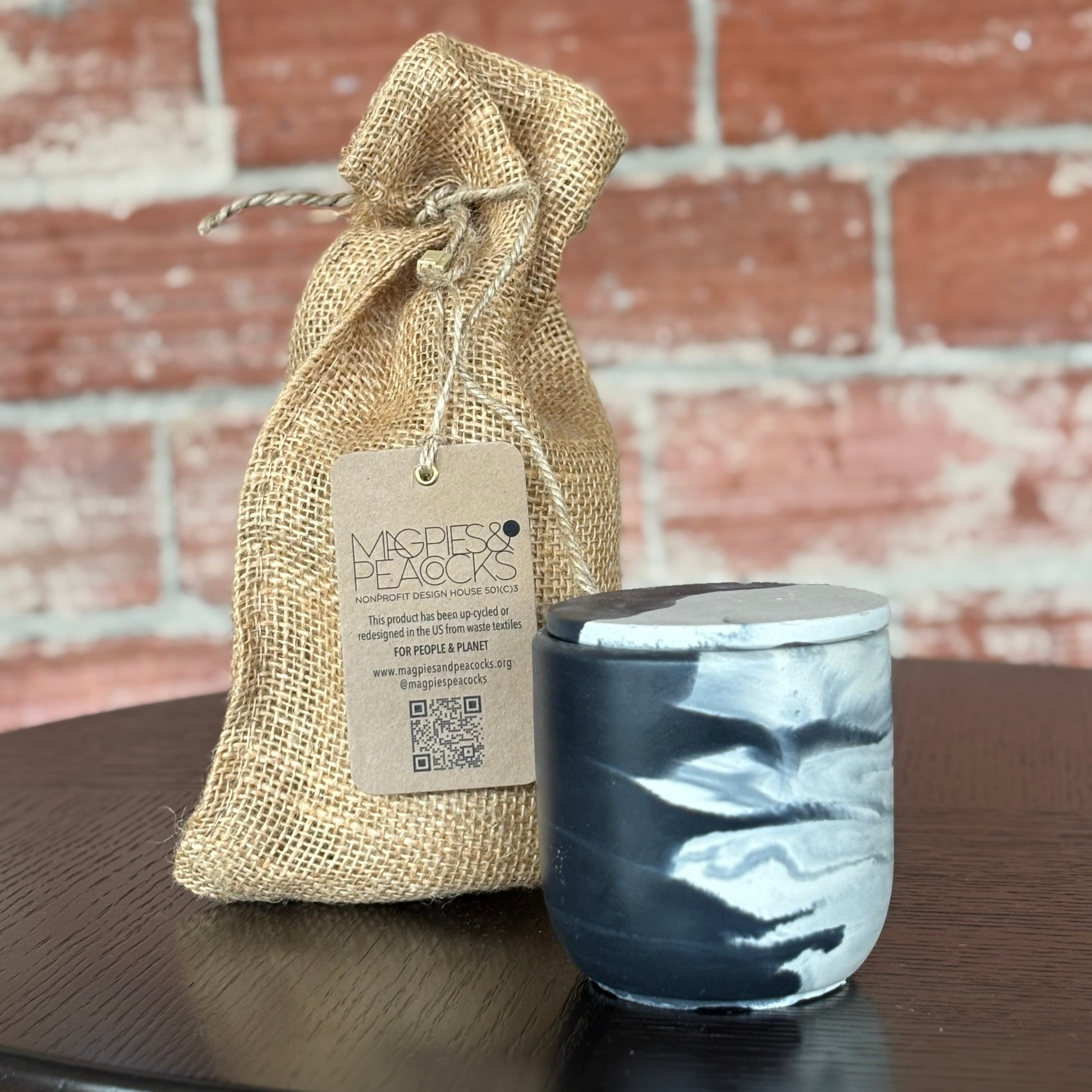 Amber Iris Candle in Handcrafted Black & White Marble Cement Vessel