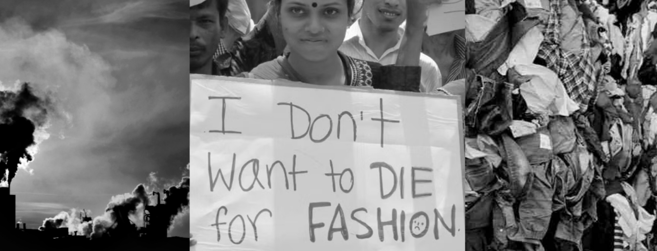 Collage of images including a factory, a person holding a protest sign.