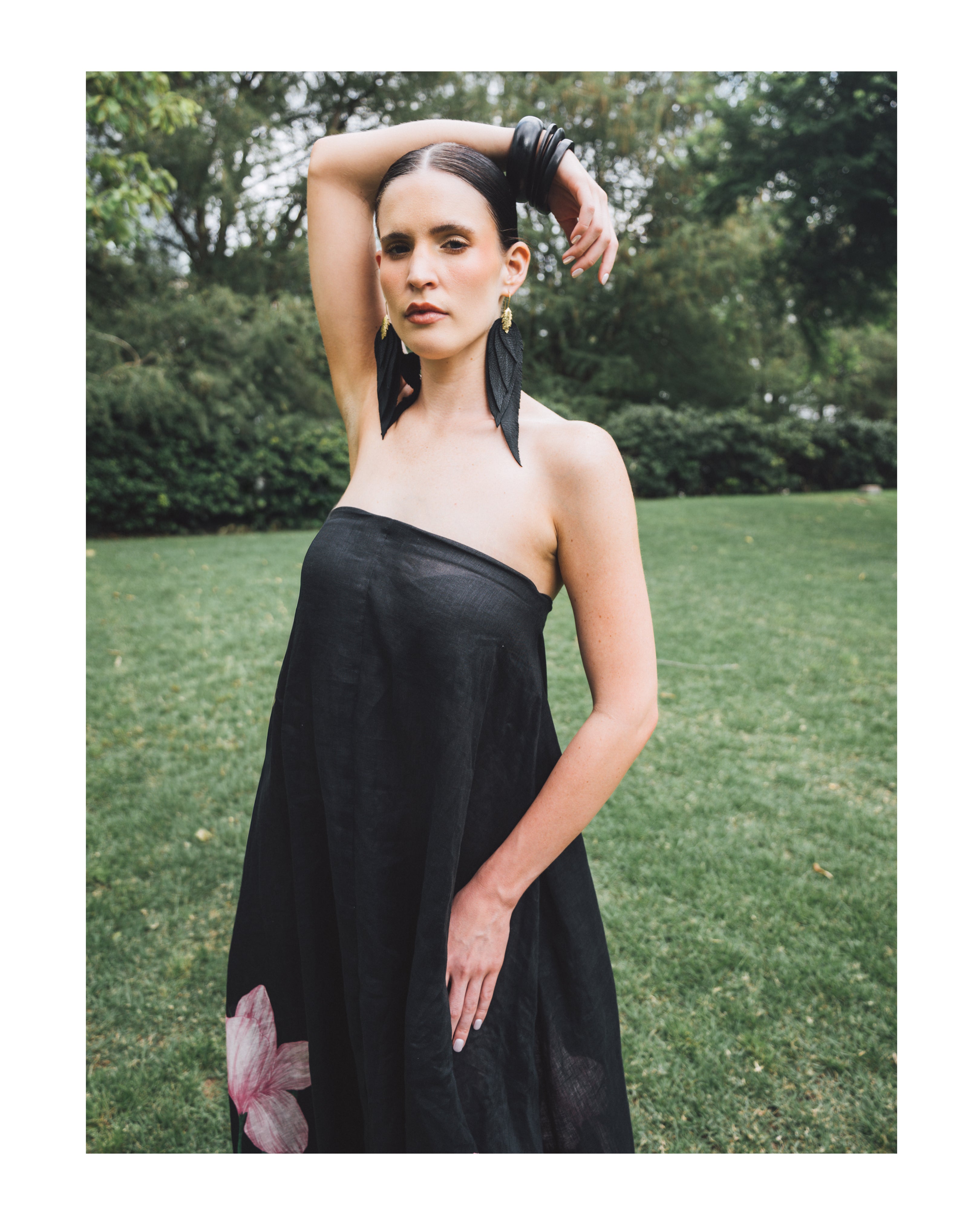 Black Floral Linen Strapless Maxi