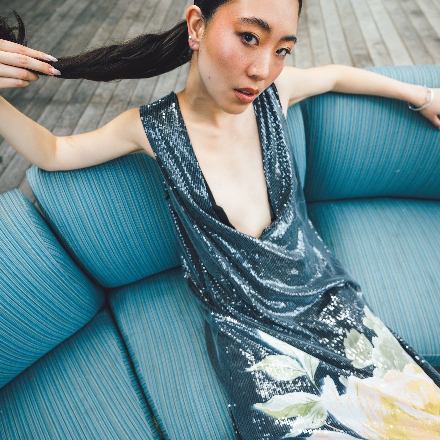 Deep V Charcoal Floral Sequin Maxi