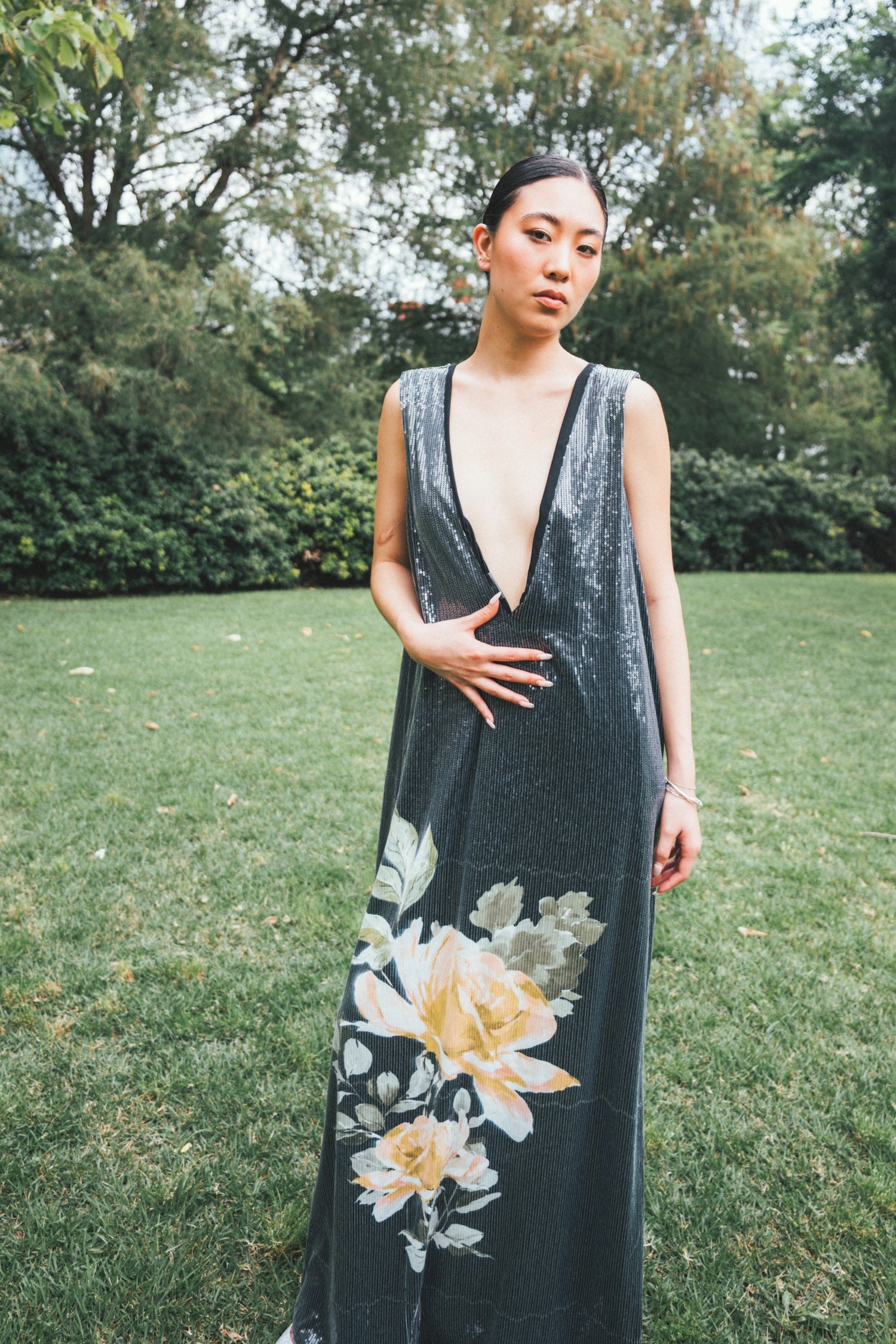 Deep V Charcoal Floral Sequin Maxi